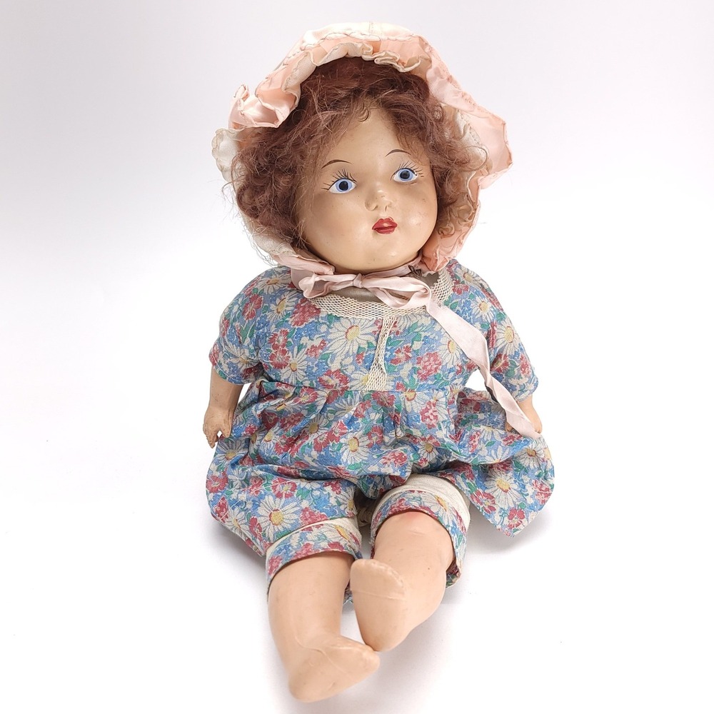 Vintage Composition Baby Doll 19 Inch Floral Dress Pink Bonnet Blue‎ Eyes 1940s